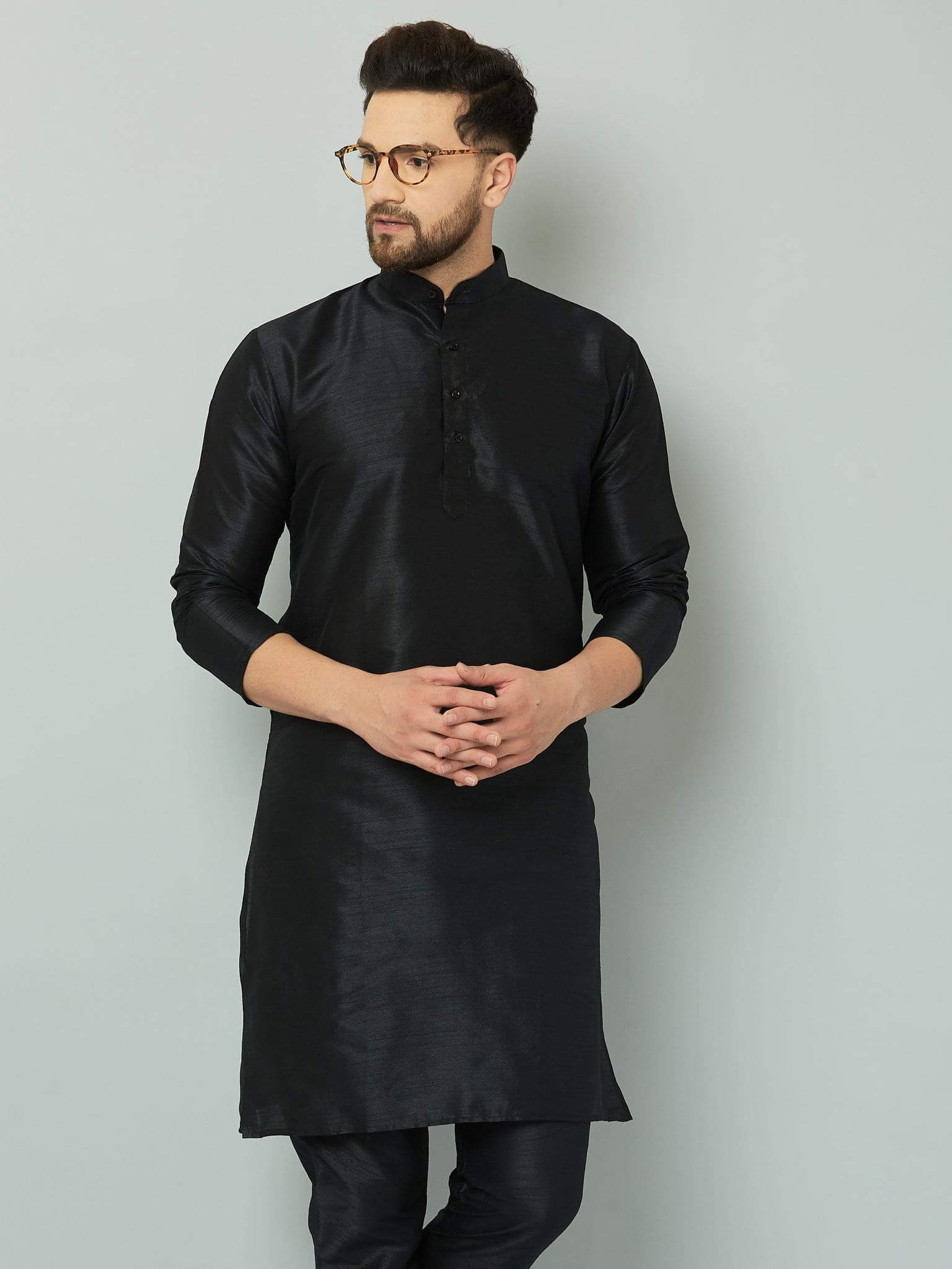 VILLAIN Solid Cotton Blend Kurta for Men Black silk kurta with elegant design.